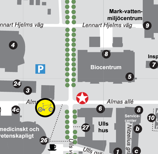 En karta av Ultuna med en gul cirkel vid Almas allé  norrom VHC  