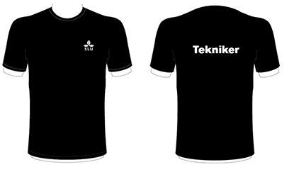 Exempel på tryck på en svart t-shirt. Mindre vit logotyp på framsidan och större tryck med texten ”Tekniker” på ryggen. Illustration.