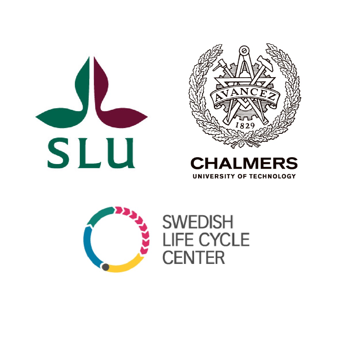 logotyper av Sveriges lantbruksuniversitet, Chalmers och Swedish life cycle center 