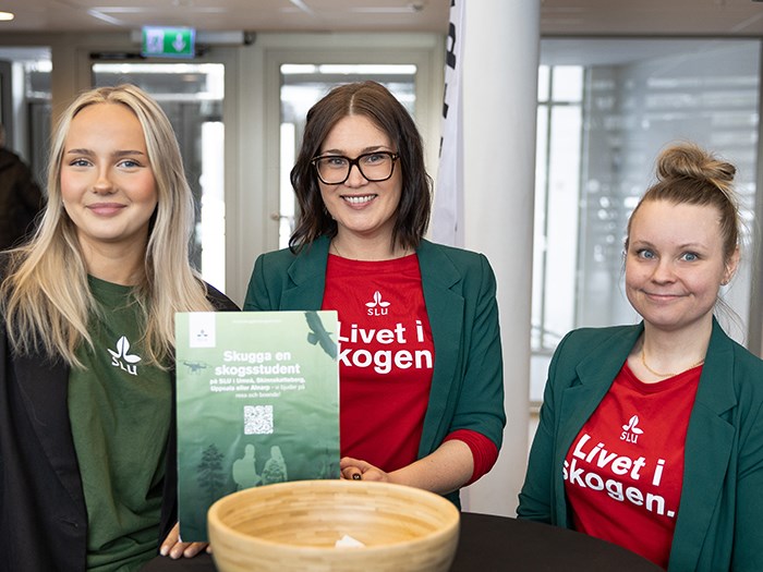 re personer står bakom ett bord inomhus i en ljus lokal. En har svart kavaj och de andra två bär gröna kavajer, den med svart kavaj har grön tröja med SLU-loggan i vitt, och de andra två har röda tröjor med vit text. På bordet framför dem står ett informationsblad med rubriken ”Skugga en skogsstudent” samt en träskål. I bakgrunden syns dörrar, glaspartier och några personer som rör sig i lokalen. Foto.