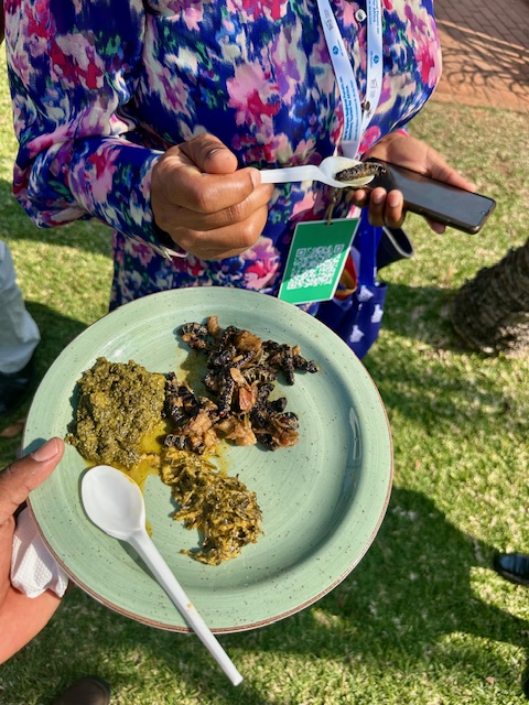 Woman holding a plate with edible insects