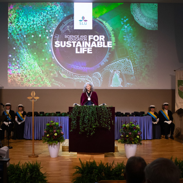 A person standing on a stage talking. Behind the person on the wall a big colourful image collage with the SLU logo and text Science and education for sustainable life.