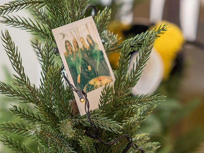 En liten utsmyckad gren av barrväxt fyller större delen av bilden. Mellan grenarna sitter ett polaroidfoto fastklämt, föreställande fyra personer stående tillsammans. Runt fotot löper en tunn ljusslinga med små lampor. I bakgrunden, som är suddig, syns gula och svarta färgfält samt delar av ett föremål som inte går att identifiera tydligt. Foto.