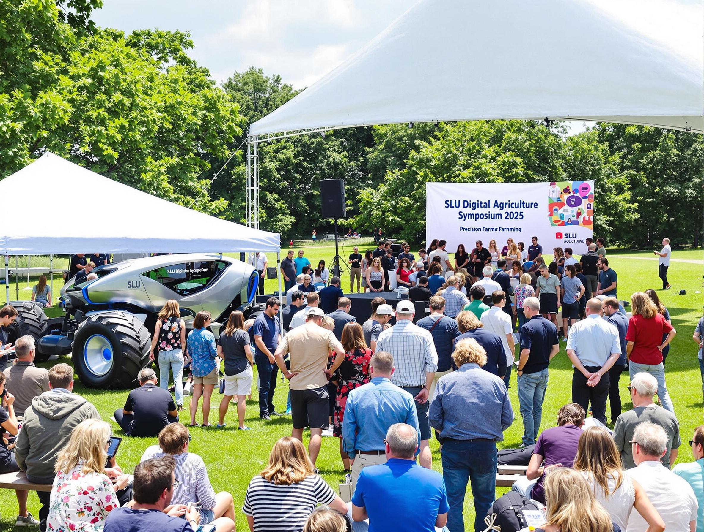 AI genererad bild som visar människor som är med på ett symposium med traktor och utställningstältar