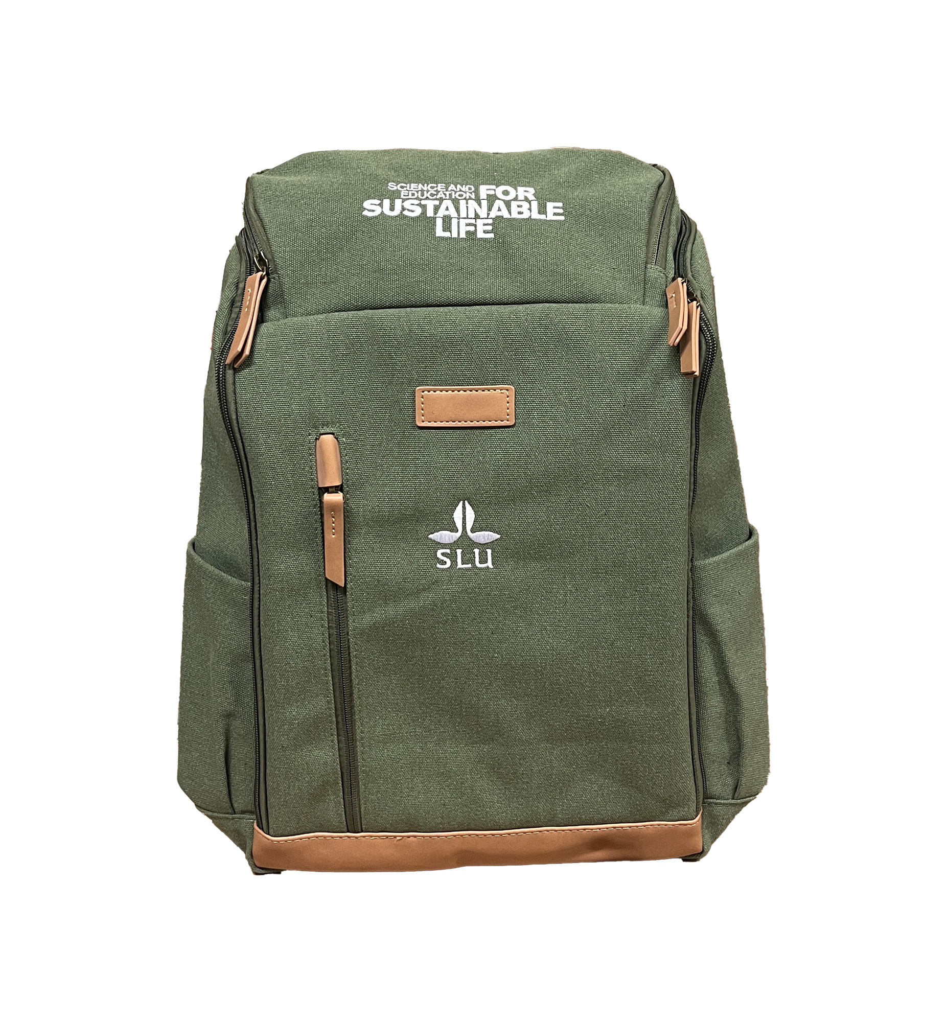 Ryggsäck med universitetets  logotyp och varumärkeslöfte. 