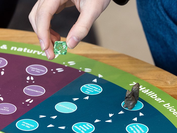 En hand håller en grön genomskinlig tärning ovanför en färgglad spelplan med olika fält i blått, lila och grönt. På spelplanen står också en liten mörk spelpjäs.  Foto