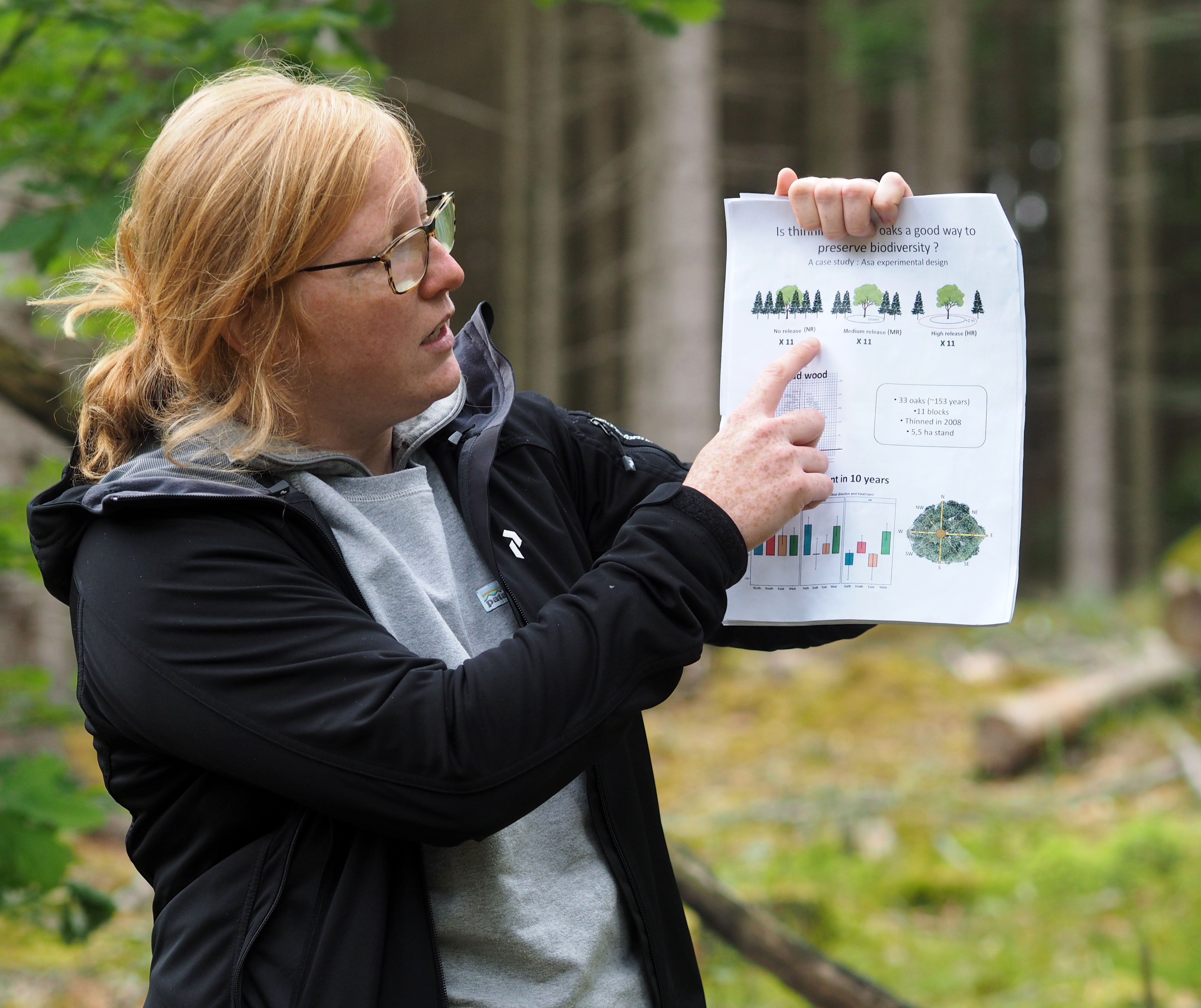 Kvinna med papper i skog