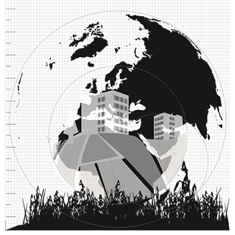 Globe, Scandinavia, tower blocks, grass, arrow points upwards. Black and white three-dimensional picture.