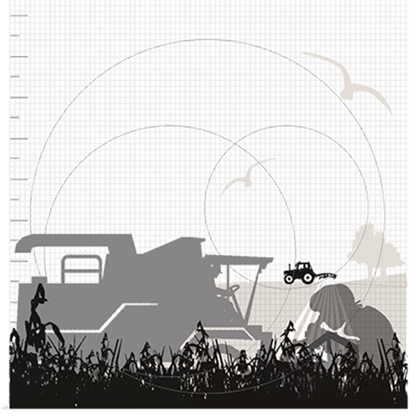 Jordbruk.  Person studerar grödor. Skördetröska och  traktor på fältet. Fågel, träd. Svartvit tredimensionell bild.