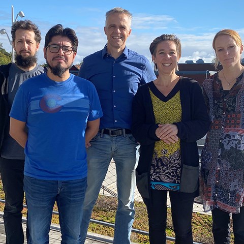 Grupp med fem personer utomhus