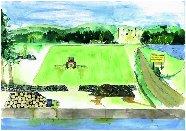 Traktor på en åker, akvarellmålning.