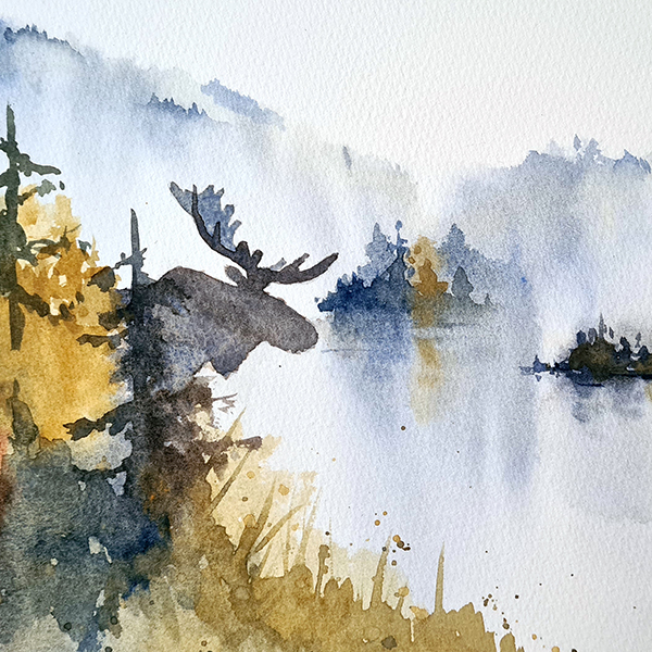 Akvarell med älg och landskap.