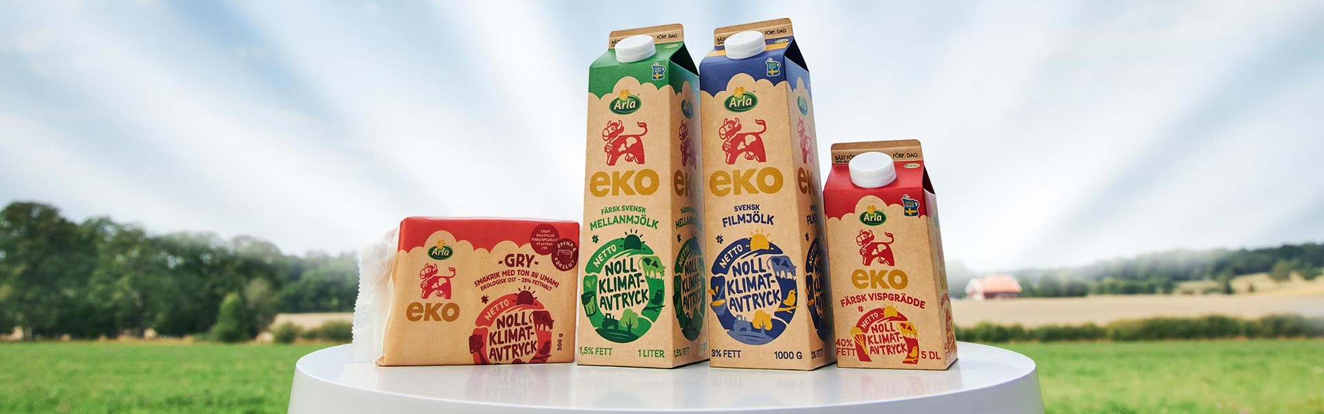 Arlaprodukter med en blå himmel som bakgrund.