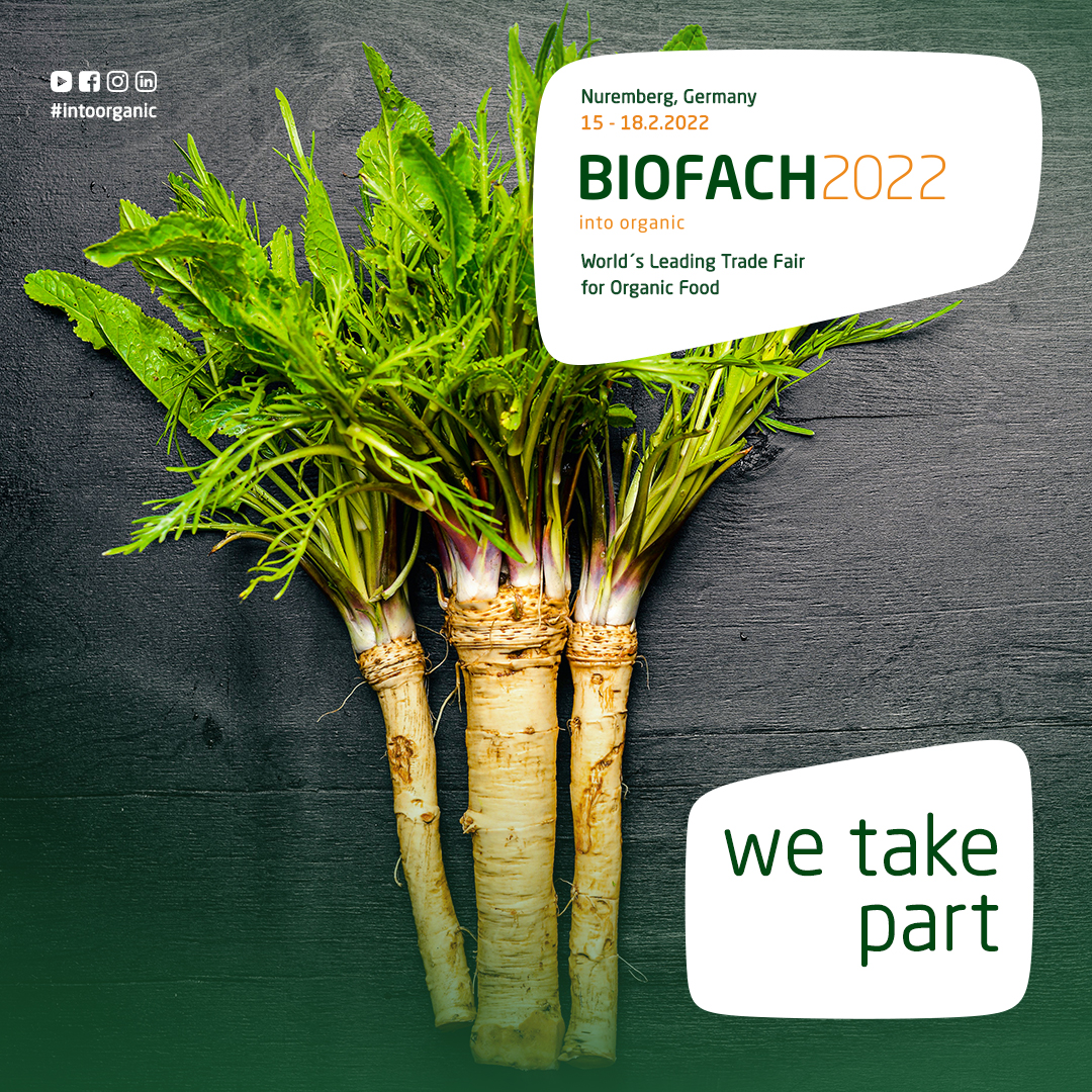 Rotfrukter med texten "Biofach 2022, we take part"