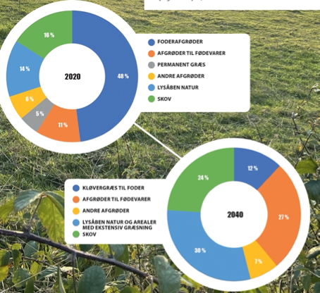 Arealfördelning 2020 och 2040 i Danmark enligt beräkningar i rapporten.