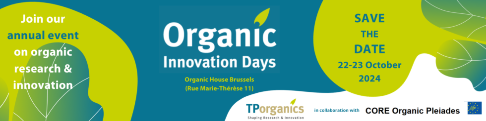 Blågrön banner med texterna "Organic innovatin days", "Join annual event" och "save the date".