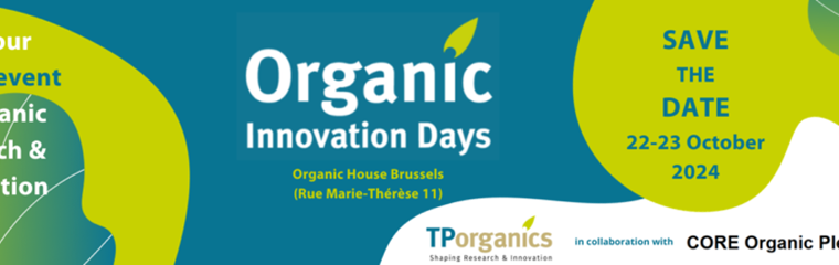 Blågrön banner med texterna "Organic innovatin days", "Join annual event" och "save the date".
