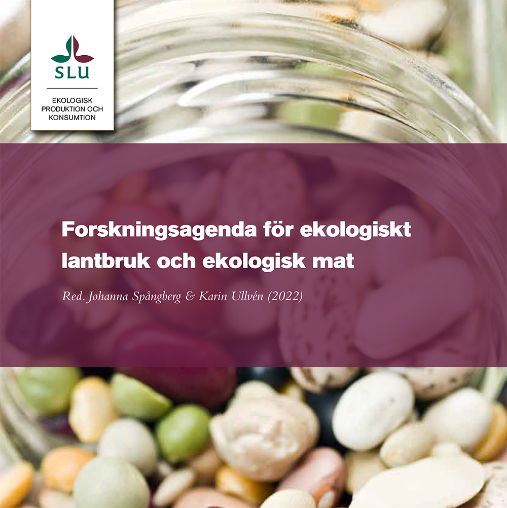 Framsida av forskningsagenda. Vit text på lila bakgrund med foto av blandade bönor i bakgrunden.