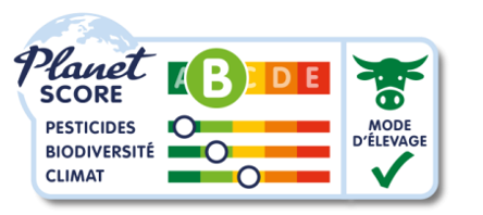 Planetscores skala som ger betyg med skalan A till E. A är den mest hållbara nivån och bokstäverna kompletteras med en färgskala, från mörkgrönt till rött.  