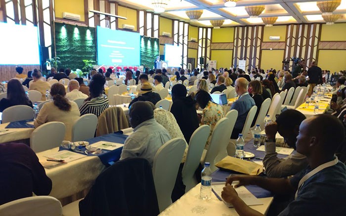 A big conference hall with people sitting at tables seen from behind. Photo.