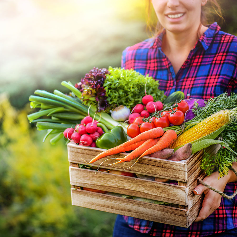 En kvinna håller en låda med grönsaker i famnen. Foto