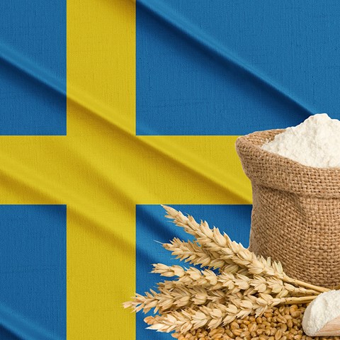 Sveriges flagga, mjölpåse och vetekorn. Fotocollage.