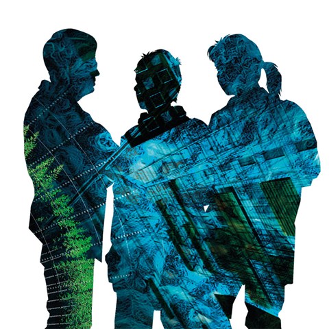 Siluett av tre personer i samtal. Illustration.