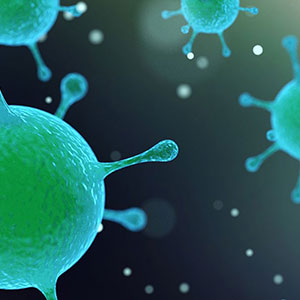 Green spheres with outgrowths float against a dark surface, illustration.