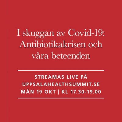 Vit text på röd bakgrund: I skuggan av Covid-19: Antibiotikakrisen och våra beteenden. uppsalahealthsummit.se
