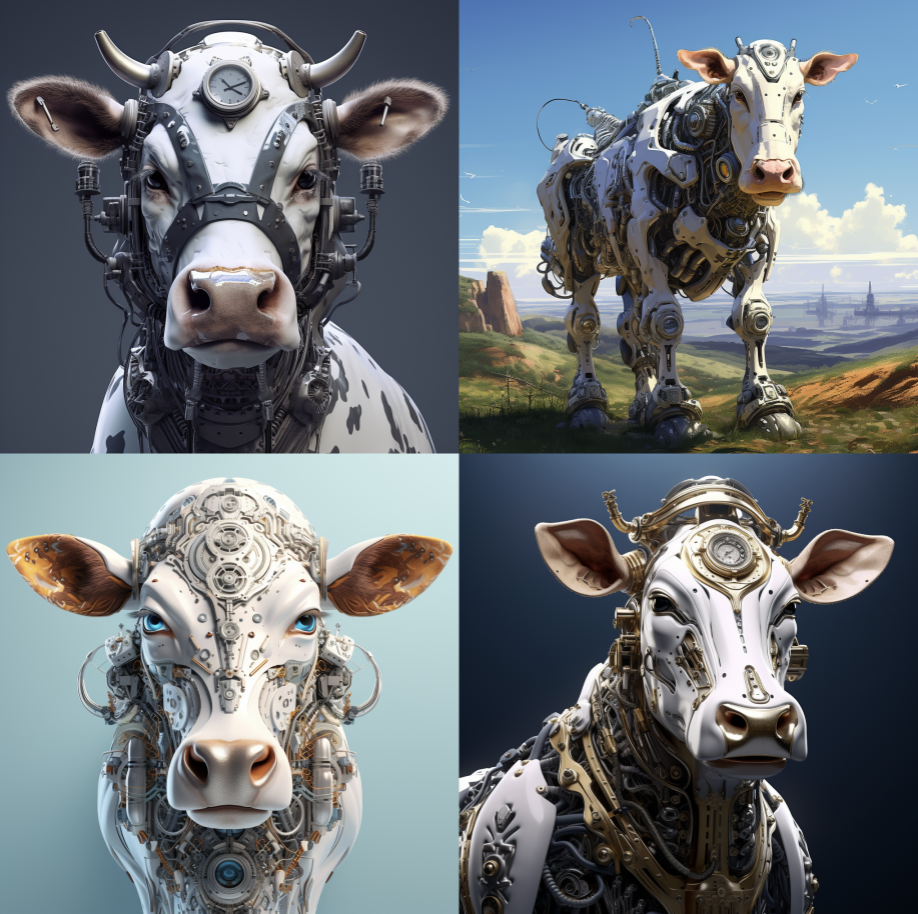 Fyra kor med futuristiska inslag genererad av AI.
