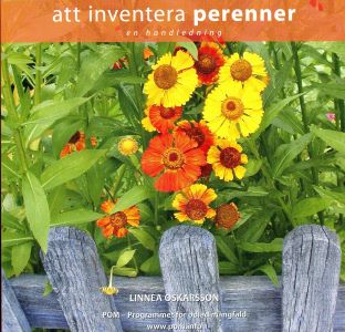 Framsidan av boken "Att inventera perenner". Fotot på framsidan föreställer blommande solbrud som växer över ett rött trästaket. 