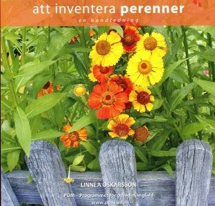 Framsidan av boken "Att inventera perenner". Fotot på framsidan föreställer blommande solbrud som växer över ett rött trästaket. 