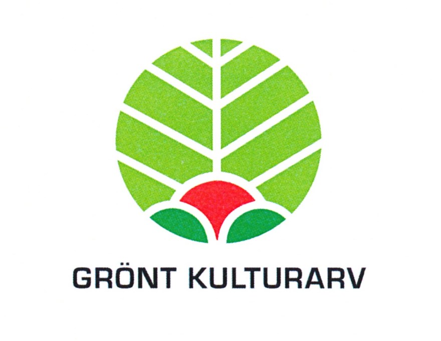 Grönt kulturarvs logotyp i rött, vitt och grönt. Under logotypen, och som en del av logotypen, står "Grönt kulturarv". 
