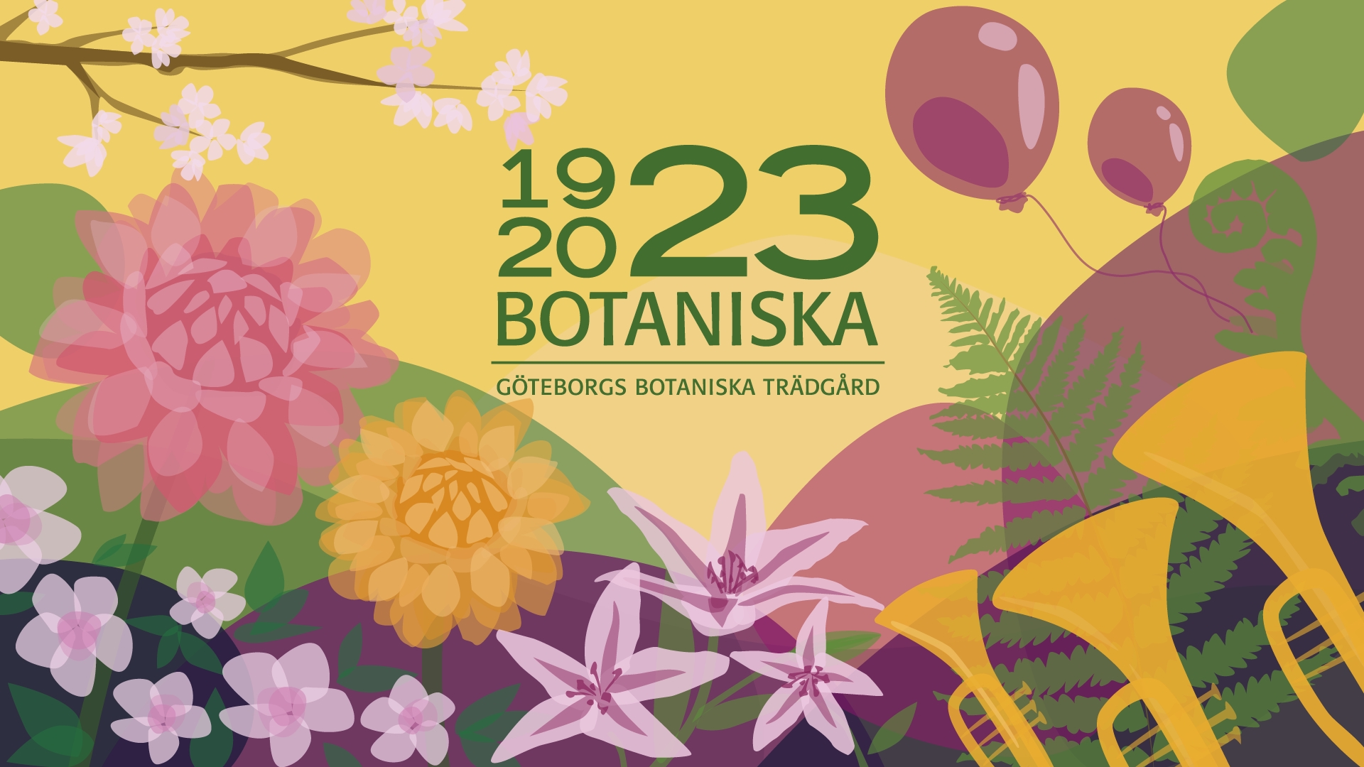En illustration i gult, rosa, lila och orange som visar en festlig scen med ballonger, trumpeter och blommor. I mitten av bilden står 1923-2023 Göteborgs botaniska trädgård. 