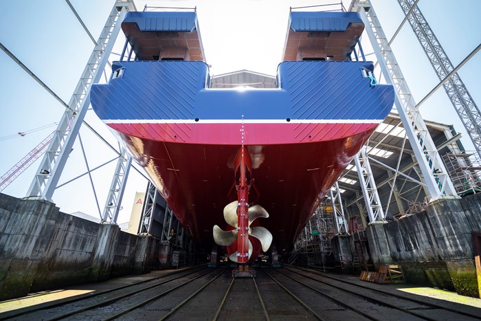 Research vessel Svea, seen from behind, at the launching. The propeller is hanging in the air
