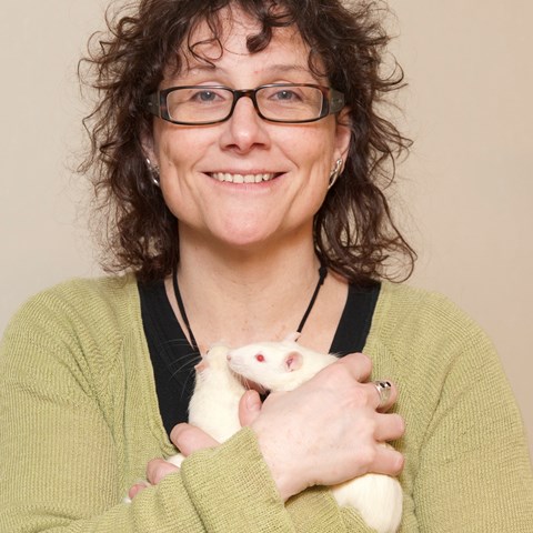 Människa som håller en råtta i famnen och ler. Foto.