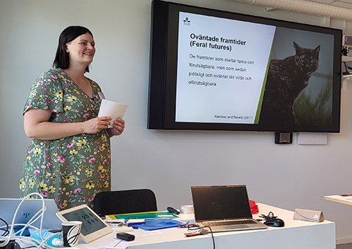 Isabella Hallberg-Sramek förklarar övningar under workshop