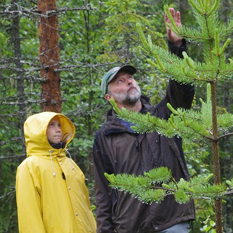 Woman in yellow raincoat and a man are looking up into the sky.