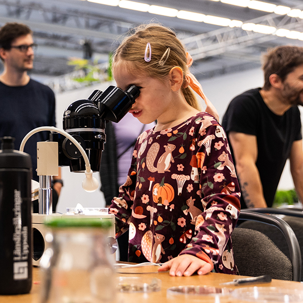 Barn tittar i mikroskop.