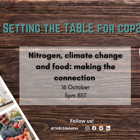 TABLE COP28 series nitrogen flyer shows text with the information on the event and the picture of the three presenters