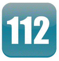Blågrön rektangel med vita siffror "112". Illustration. 