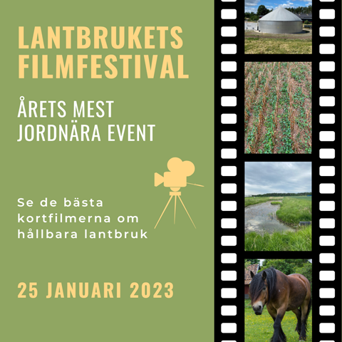 Inbjudan till lantbrukets filmfestival i grafisk form.