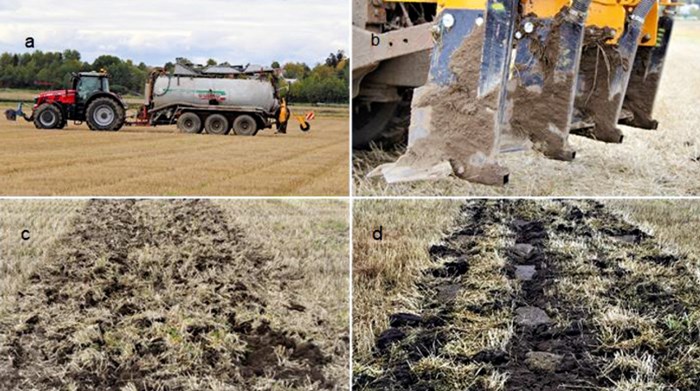 Four photos that shows hoe an agricultural soil is plowed with and without a straw slurry addition. Photo.