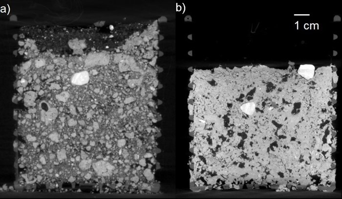 3D X-ray image of a soil profile in two versions. 