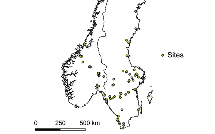 map over sweden and norway with sites marked
