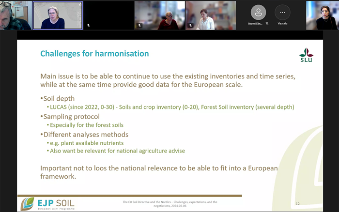 presentation slide describing challenges in harmonizing EU soil environmental monitoring with Swedish environmental monitoring.