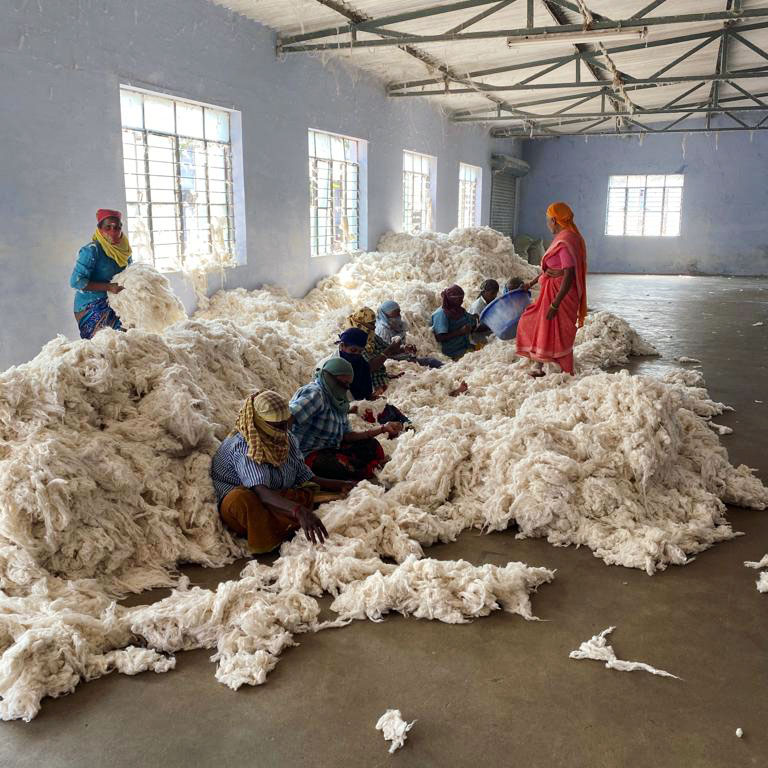 Indian workers in the textile industry sitting on a big pile of raw cotton in a warehouse. Photo.