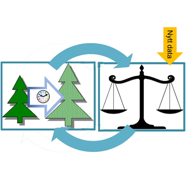 Två granar med en klocka mellan sig, pil till en vågskål där nytt data vägs in, pil tillbaka till granar. Bild.