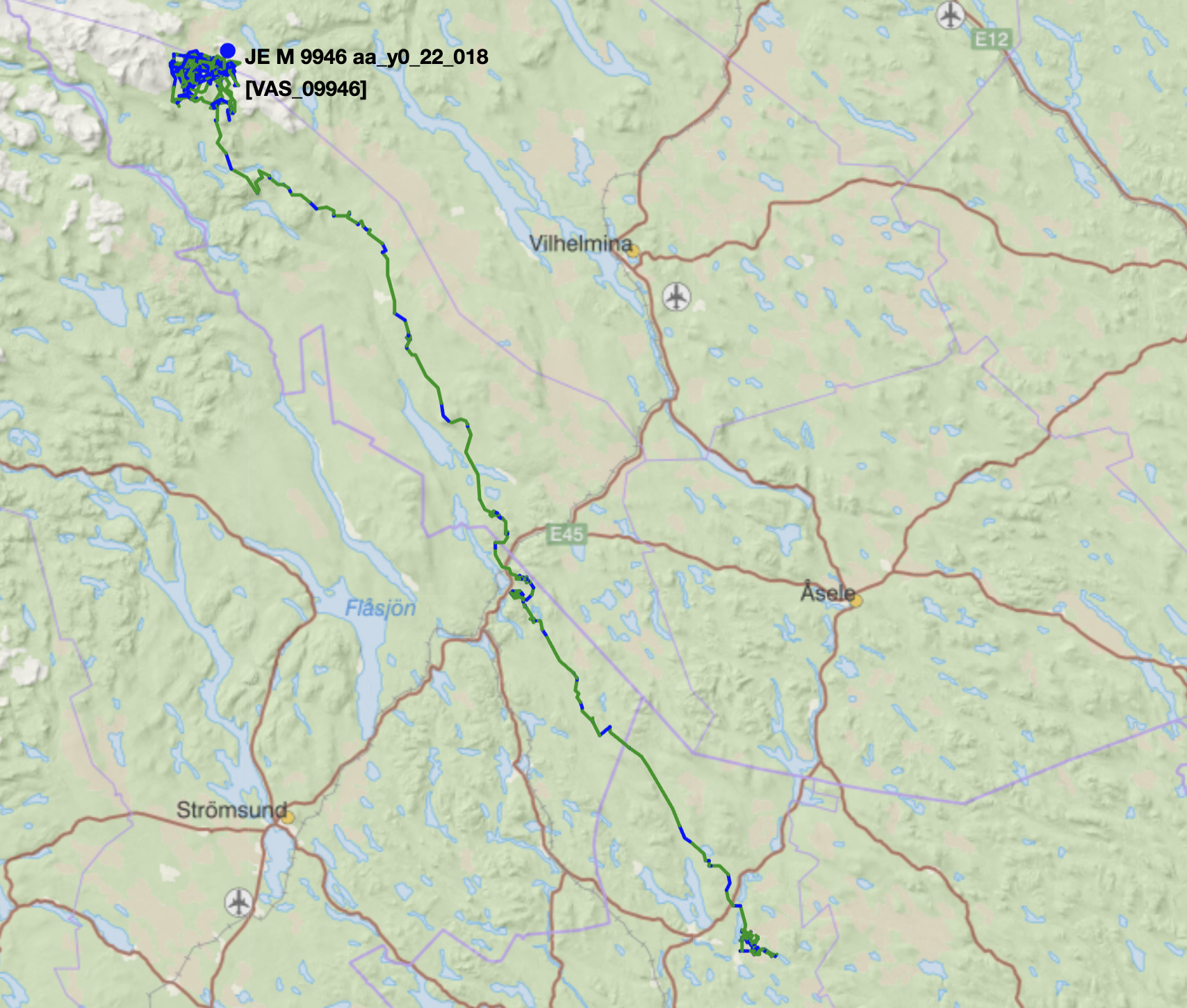 Karta som visar vandringsvägen för forskningsälg 9946.