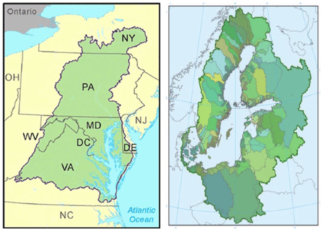 Map over the catchment area of the Baltic sea and the catchment area of Chesapeake Bay. Illustration.